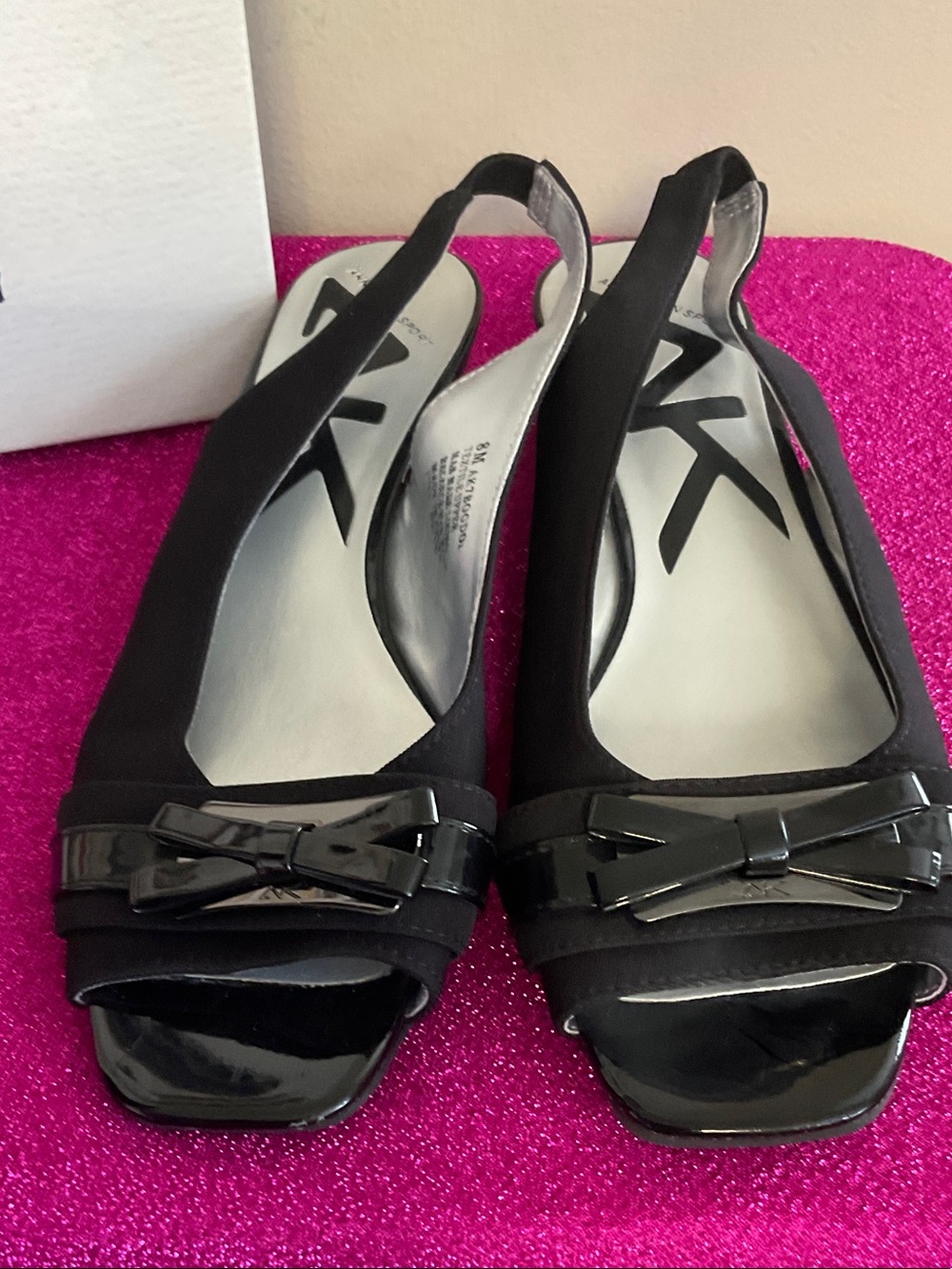 Anne Klein Black Peep-Toe Slingback Flats with Bow Accent